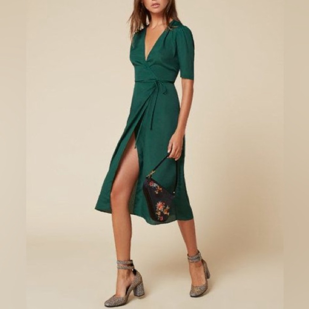 Reformation Marta Green Viscose Surplice Wrap Dress Mini Puff 1/2 Sleeves XS - Picture 1 of 8